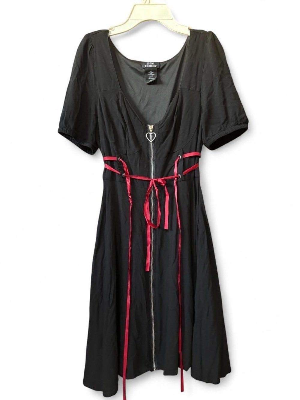 Social Collisions Black Dress with Pink Ribbon Accents and Heart Zip